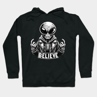 alien are real, alien with the text believe in black and white Hoodie